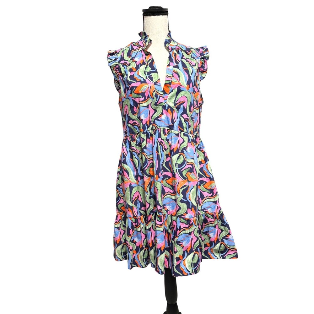 Amanda Uprichard Poplin Tiered Mini Dress Sz M Multicolor Water Lillies